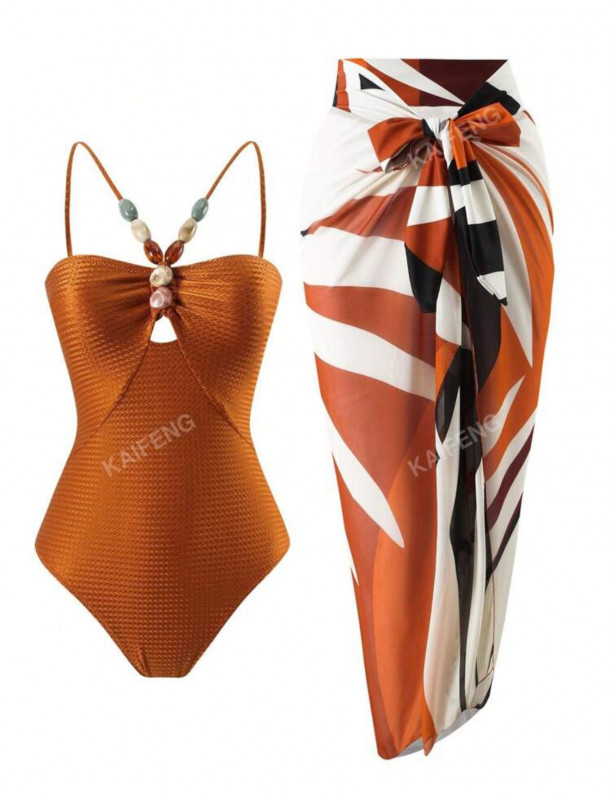 Orange beaded swimsuit set