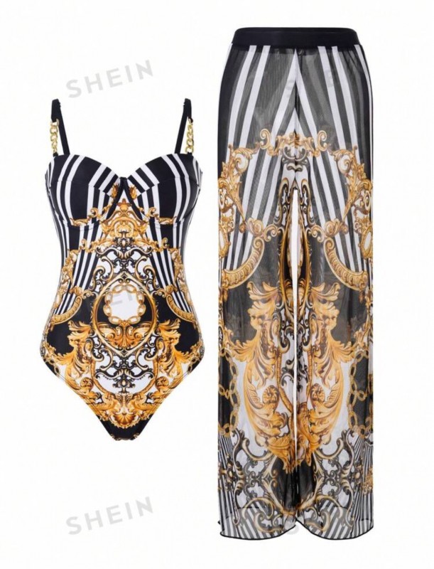 Printed Long-Sleeve Jumpsuit Swimsuit With Pants Set