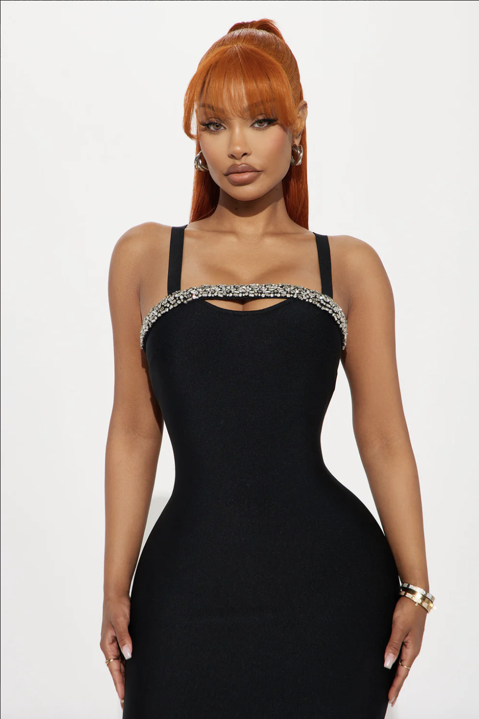 Jadore Rhinestone Bandage Midi Dress - Black