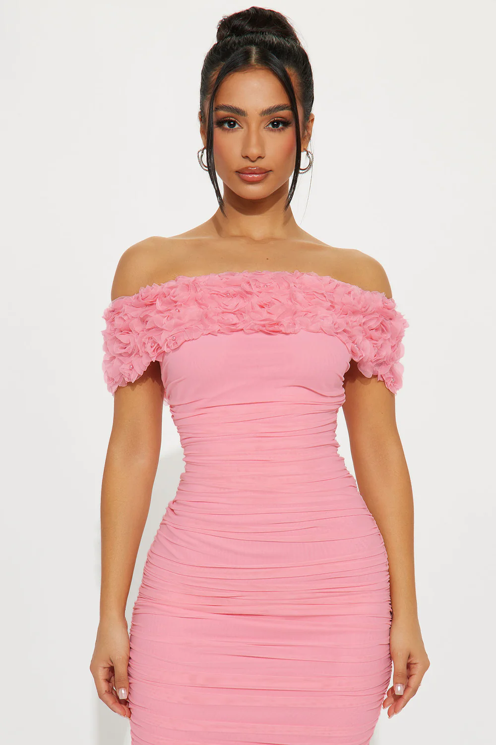 Sarina Ruched Mesh Midi Dress - Blush