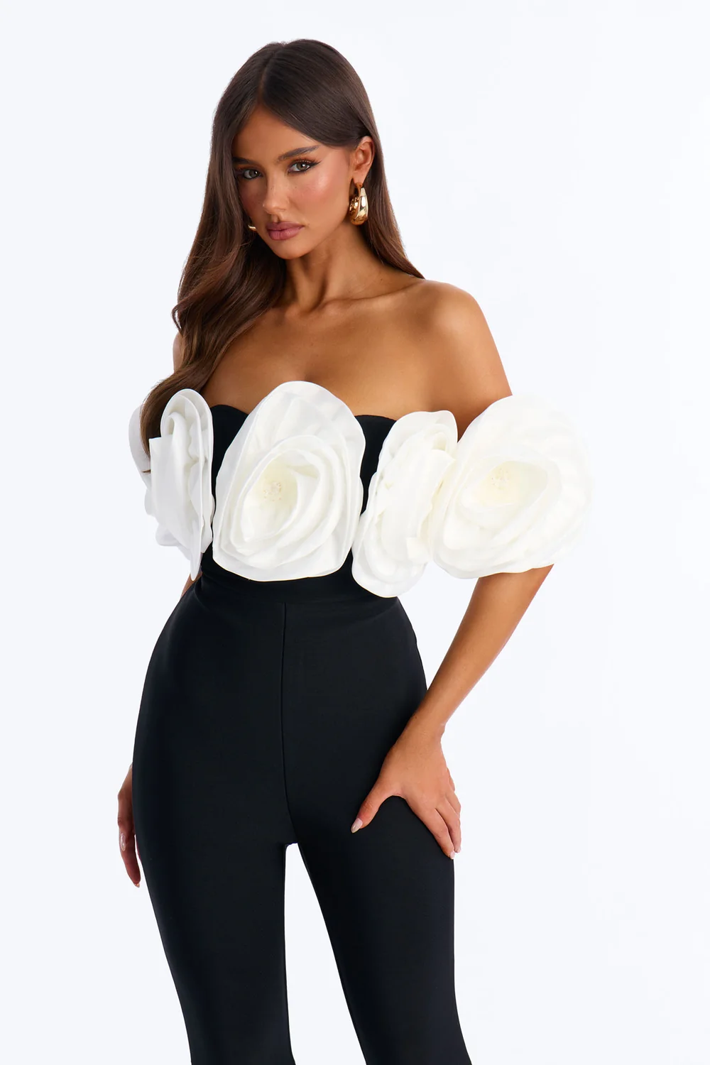 Elizabeth Bandage Floral Flare Jumpsuit - Black/White