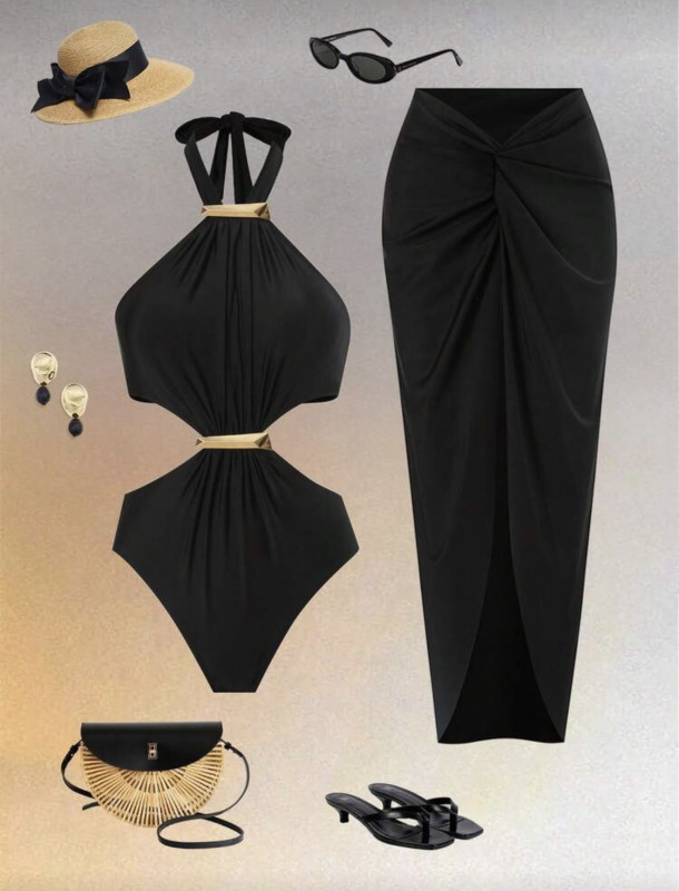 2pcs/Set Women's Sexy Backless Spaghetti Strap Hollow Out One-Piece Swimsuit With Tie-Back with skirt