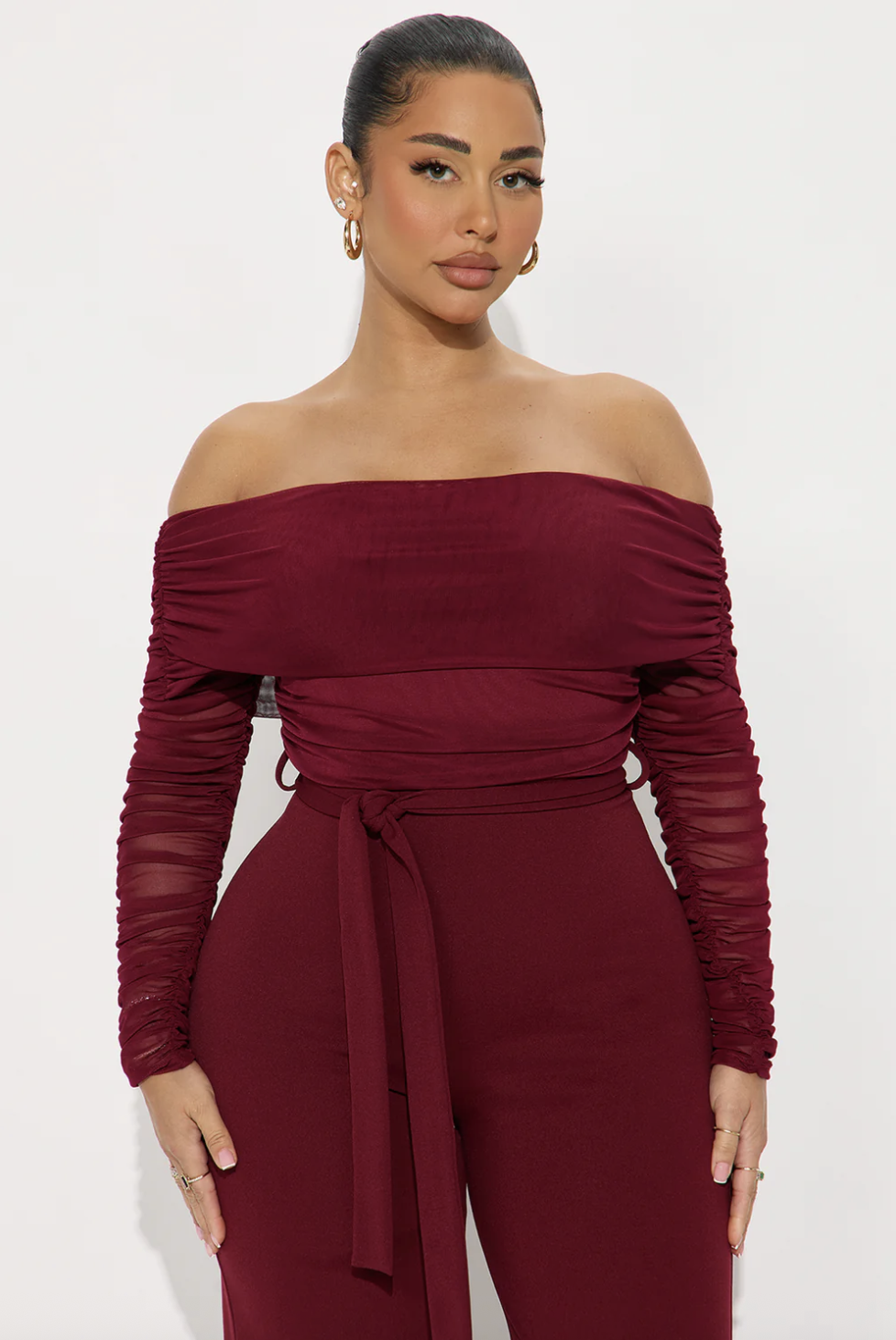 Elianna Off Shoulder Jumpsuit - Burgundy