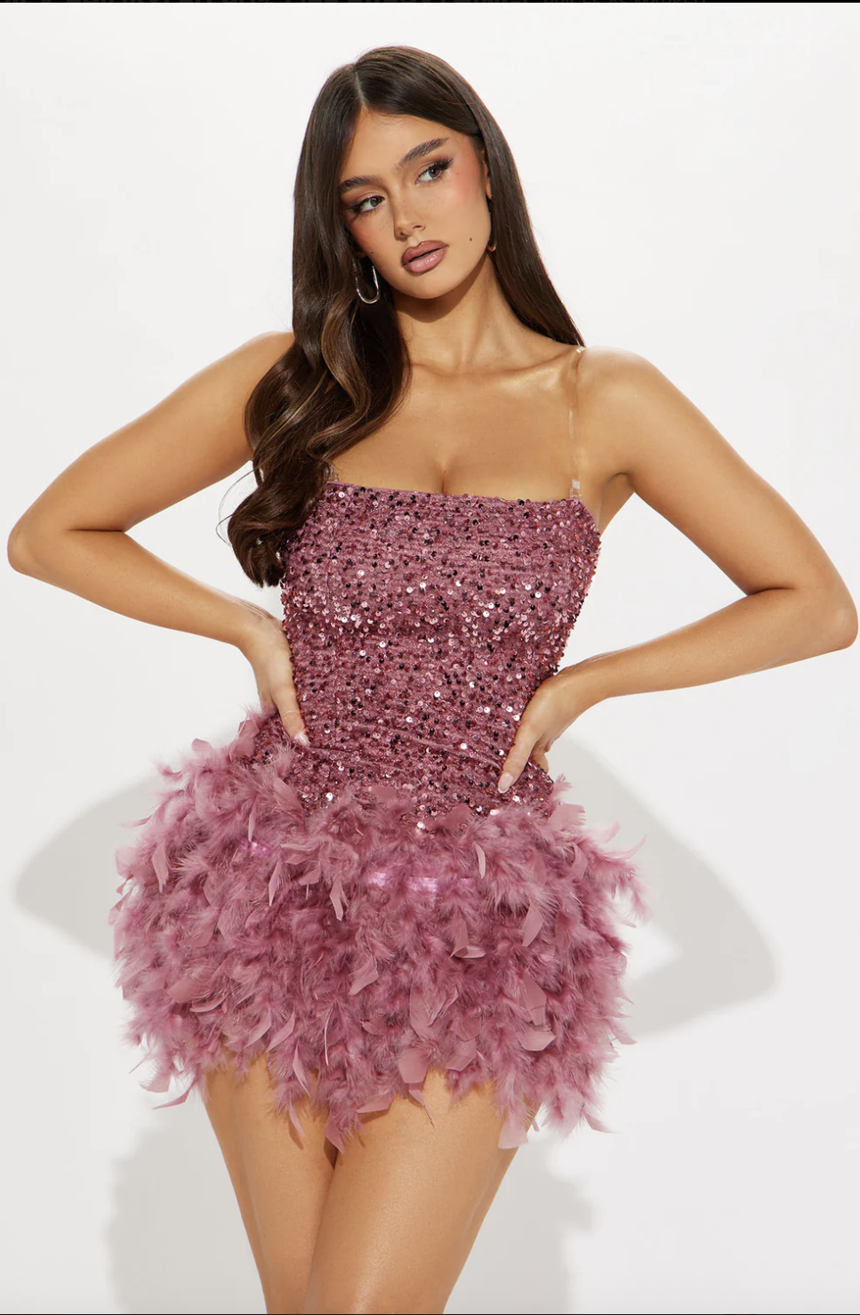 Zoey Feathered Sequin Mini Dress - Mauve