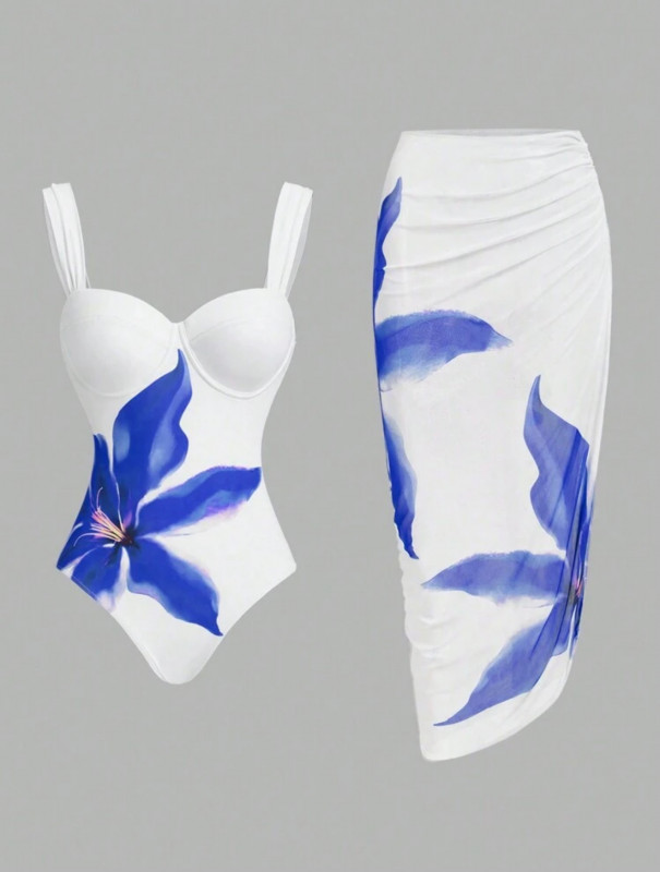 Blue One-Piece Swimsuit With Ruched Wrap Skirt