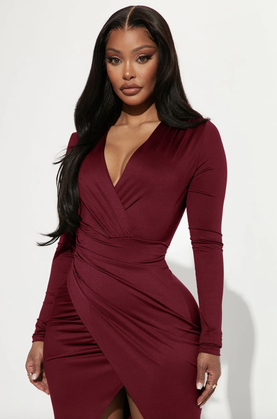 yes On Me Ruched Midi Dress - Wine