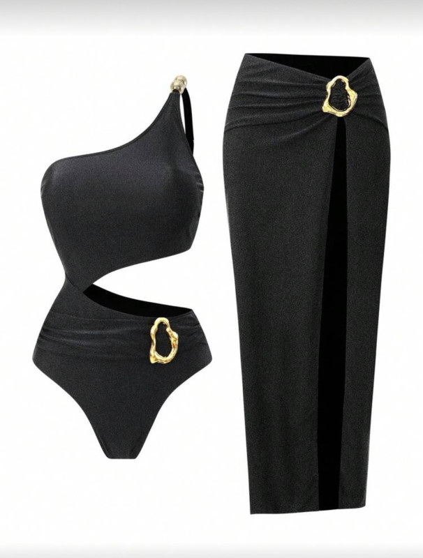 Beach Outfit, Black Glossy Fabric, Low-Key Luxury, One-Shoulder Design, Metal Accessories, Fashion Casual Resort Sexy High-End Elegant Minimalist, Women's One-Piece Swimsuit With Skirt