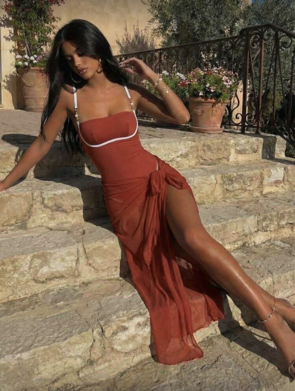 Women's Summer Beach Vacation Spaghetti Strap Metal Pearl Chain Decor Backless Bandeau High Cut Solid Color Sexy One-Piece Swimsuit With Long Wrap Skirt 2-Piece Set