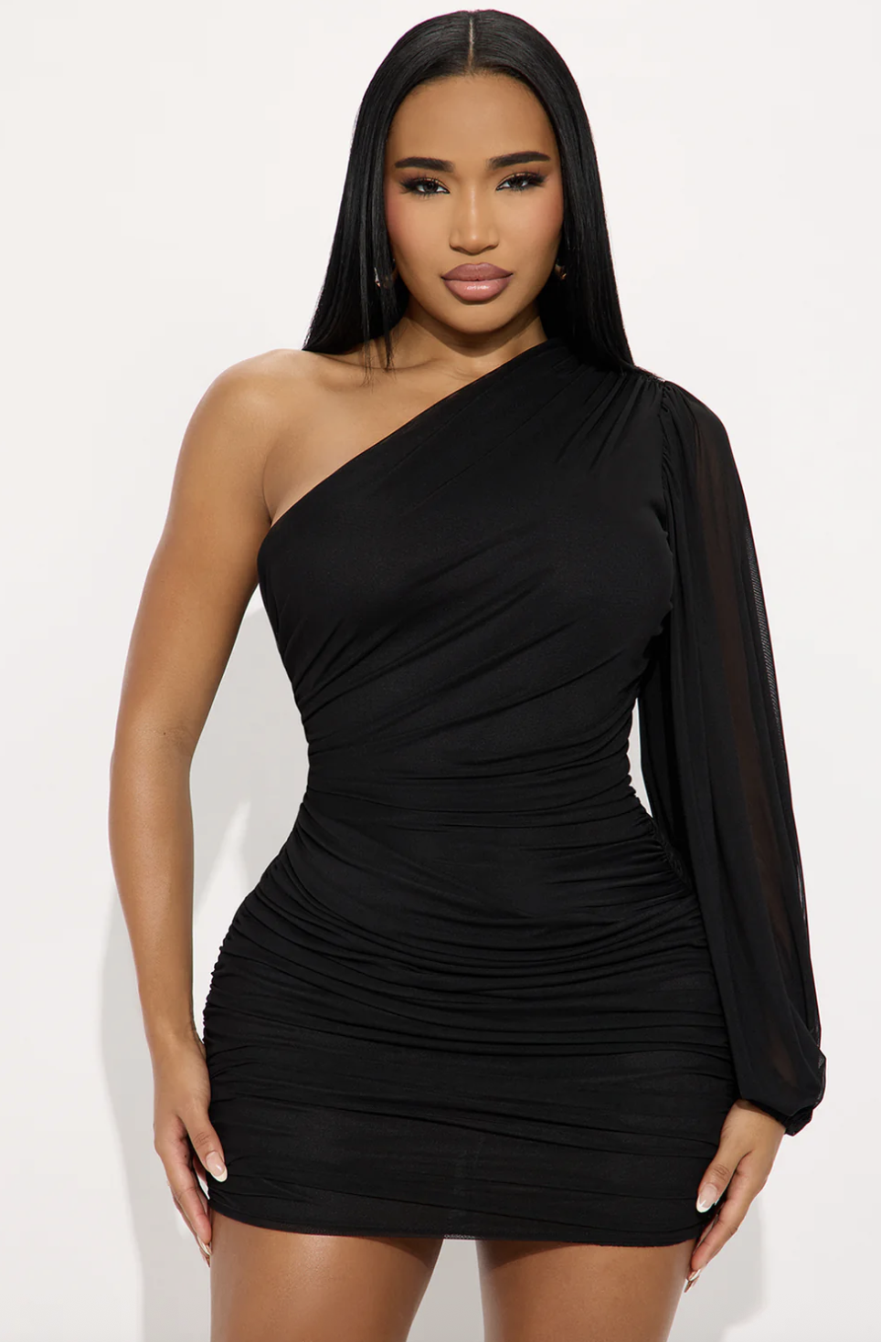 Ashley One Shoulder Mesh Mini Dress - Black