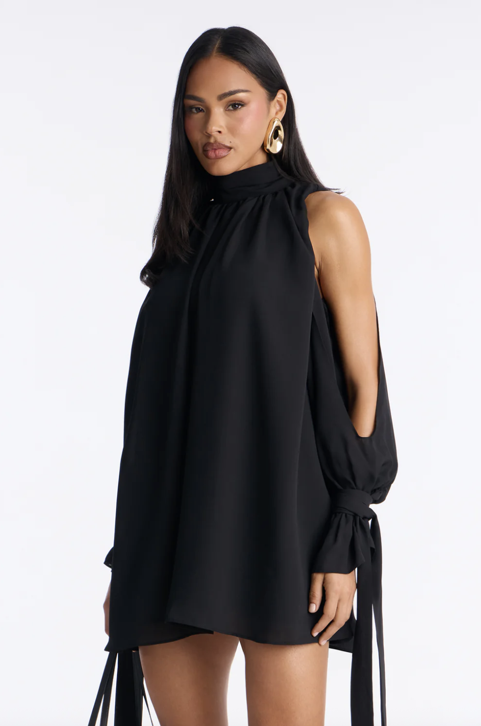 Muse Mode Cold Shoulder Chiffon Mini Dress - Black