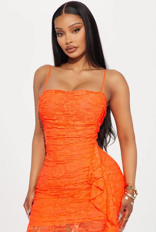 In Paradise Lace Midi Dress - Neon Orange