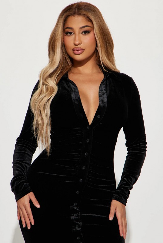Katie Velvet Midi Dress - Black