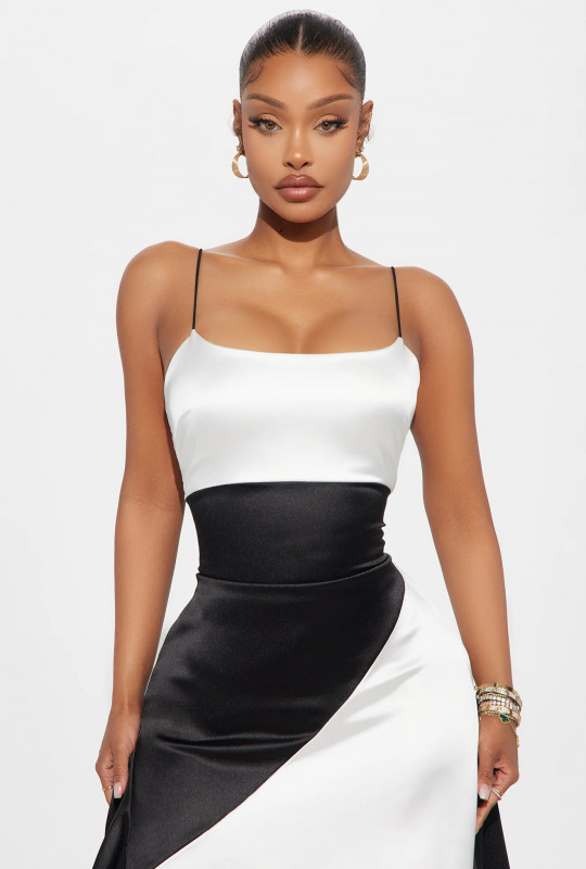 Remy Color Block Satin Midi Dress - White/Black