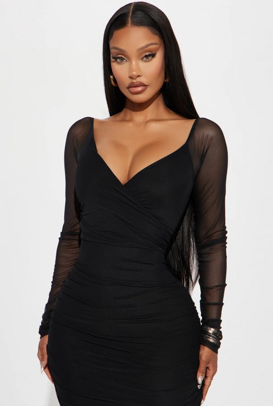 Love On The Line Mesh Midi Dress - Black