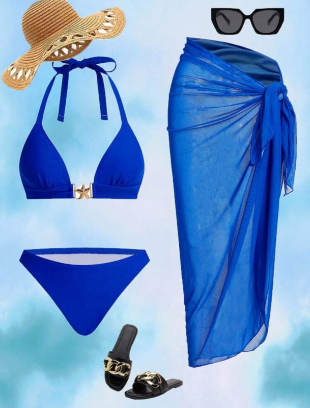 Royal blue Solid Halter Bikini Swimwear Set, Elegant Minimalist Solid Color, With Chiffon See-Through Long Cover-Up Skirt