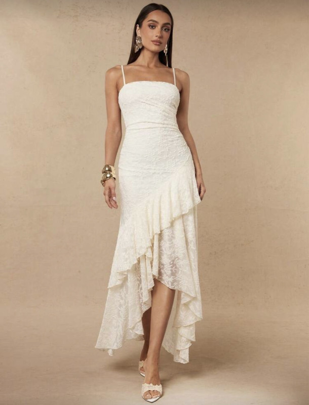 Off white Women's Apricot Lace Ruffle Dress, Multi-Layered Ruffle Fitted Long Dress, Slip Dress, Elegant Women's Formal Wear, Suitable For Dates, Parties, Vacations, Ruffle Dress, Sexy And Elegant, Su