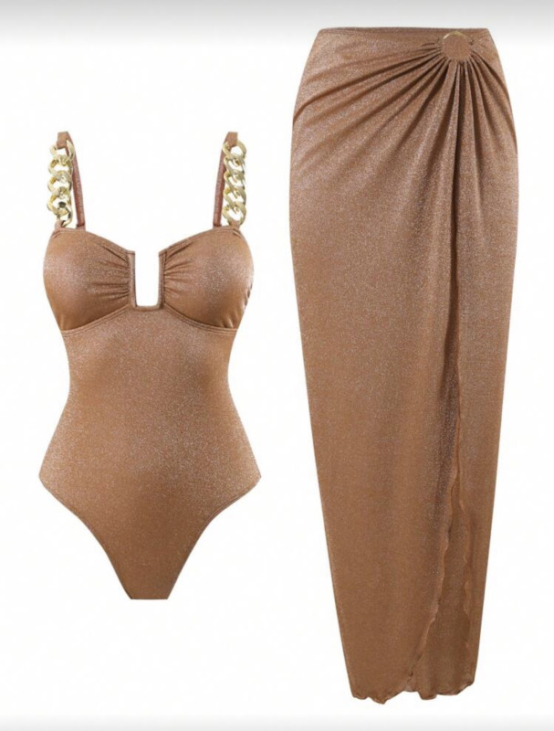 Rust brown Swim Oasis Women Metallic Knit Monokini Swimsuit With Mesh Skirt Cover Up