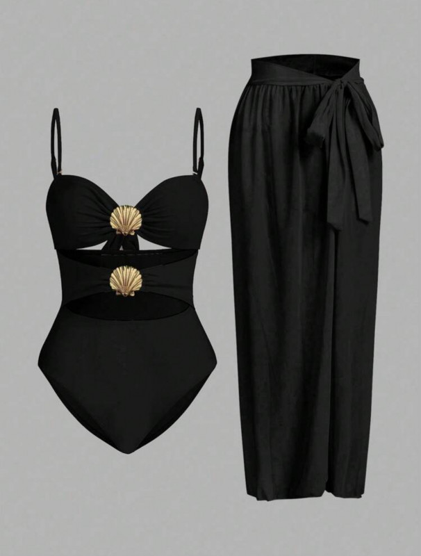 Black Beach Hollow-Out Swimsuit With Cover-Up Skirt