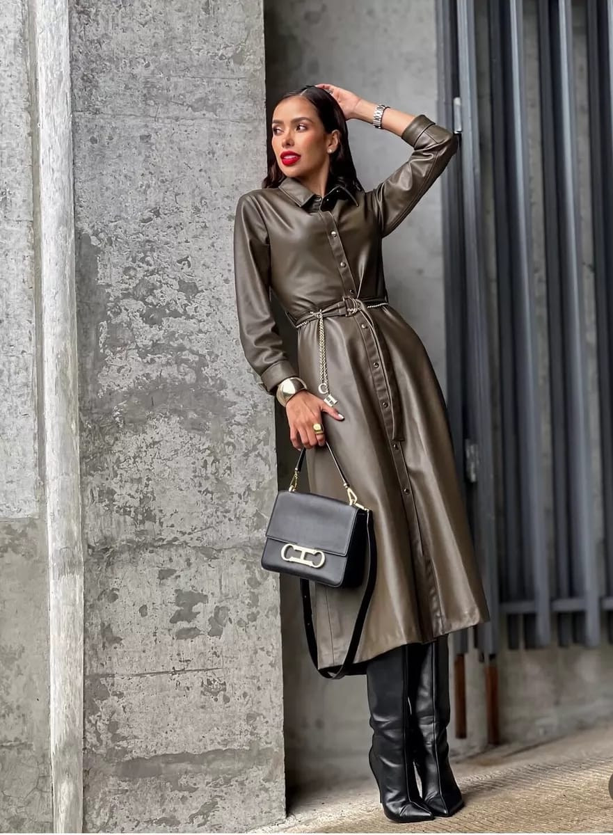 Faux Leather Belted Midi Shirt Dress