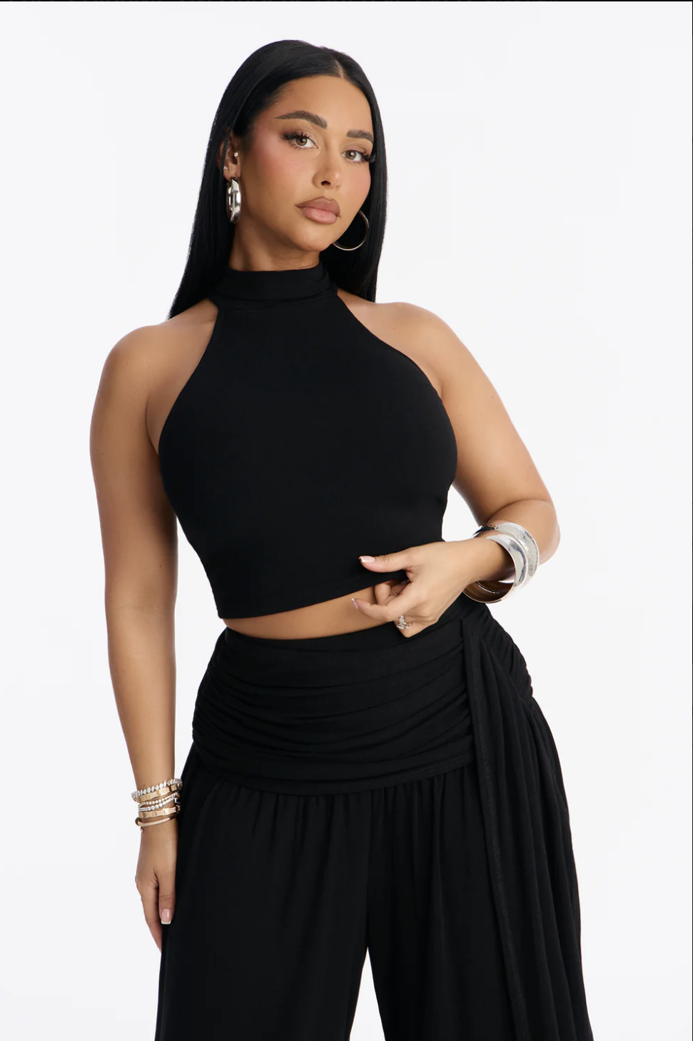 Anya Mock Neck Balloon Pant Set - Black
