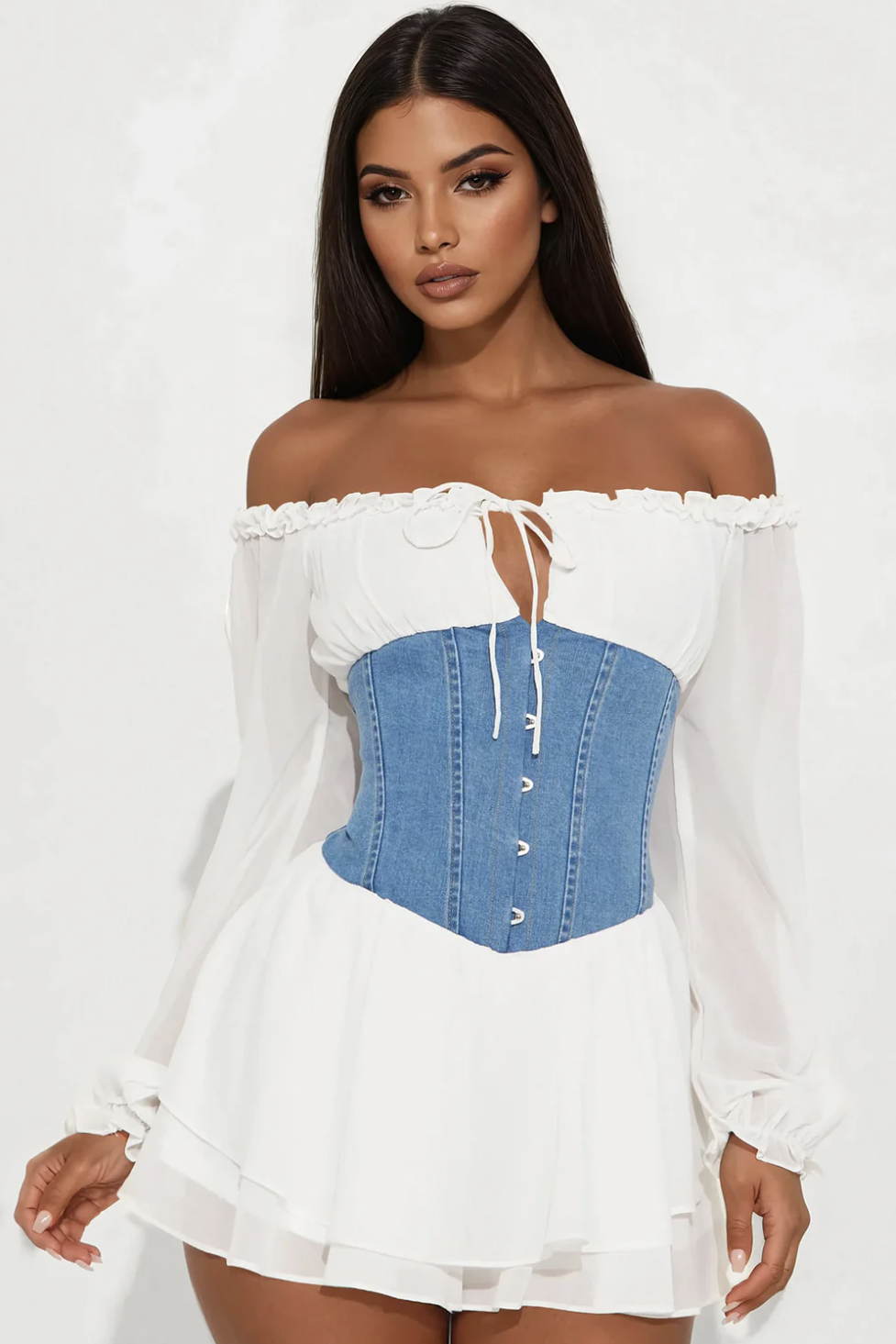 Belle Chiffon Long Sleeve Romper - White/combo