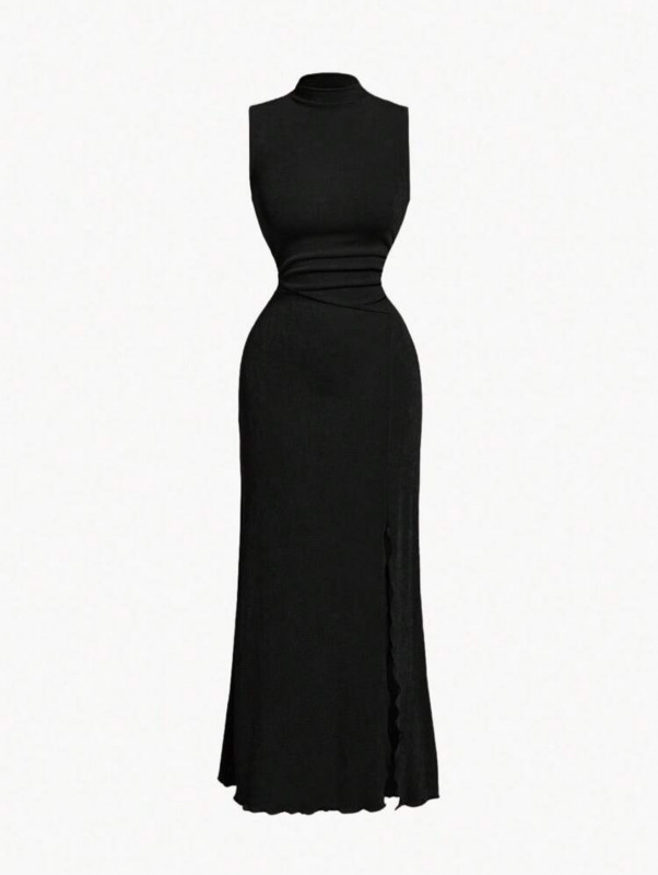 Black Stand-Up Collar High Slit Extra Long Dress For Women