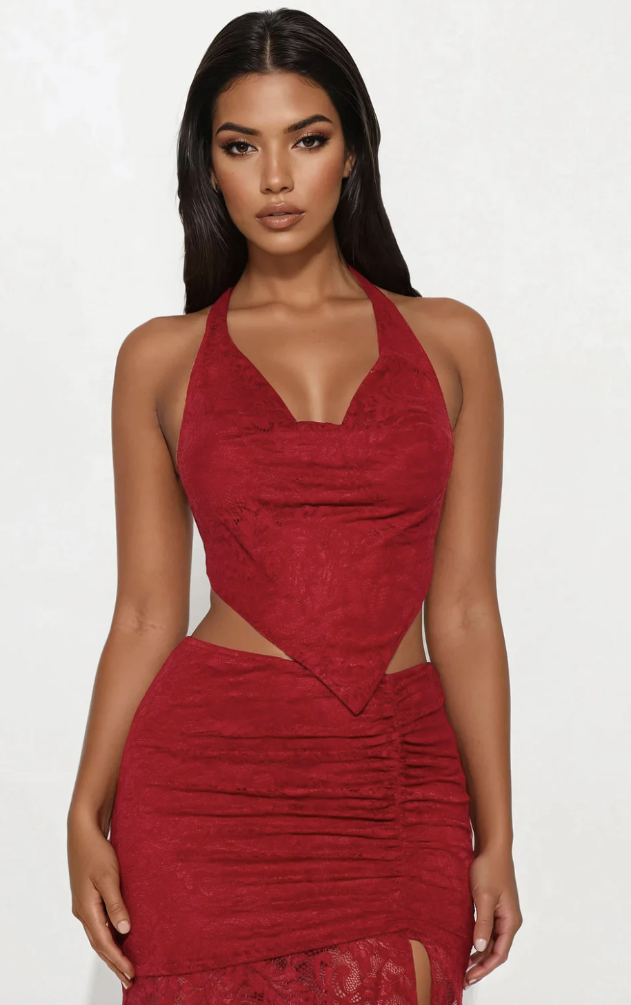 Red Wine Lace Maxi Skirt Set - Red