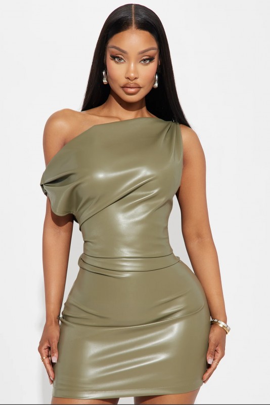 Too Confident Faux Leather Mini Dress - Olive