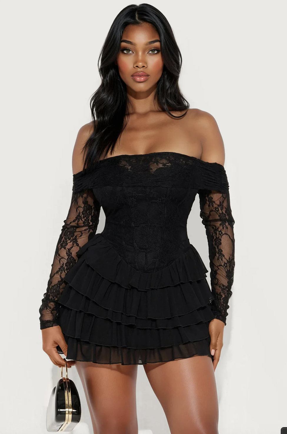 Elsie Ruffle Lace Mini Dress - Black