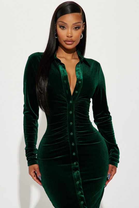 Katie Velvet Midi Dress - Green