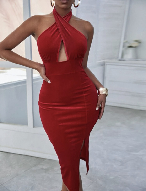 Lolo Red Velvet Crossover Backless Slit Dress