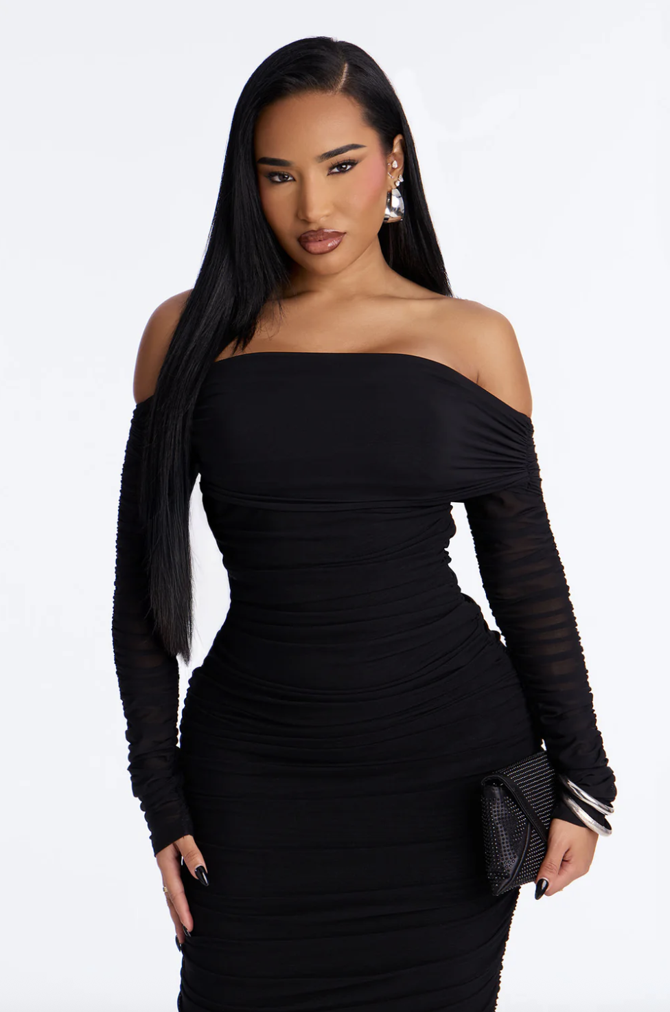 Hallie Ruched Mesh Bandage Midi Dress - Black