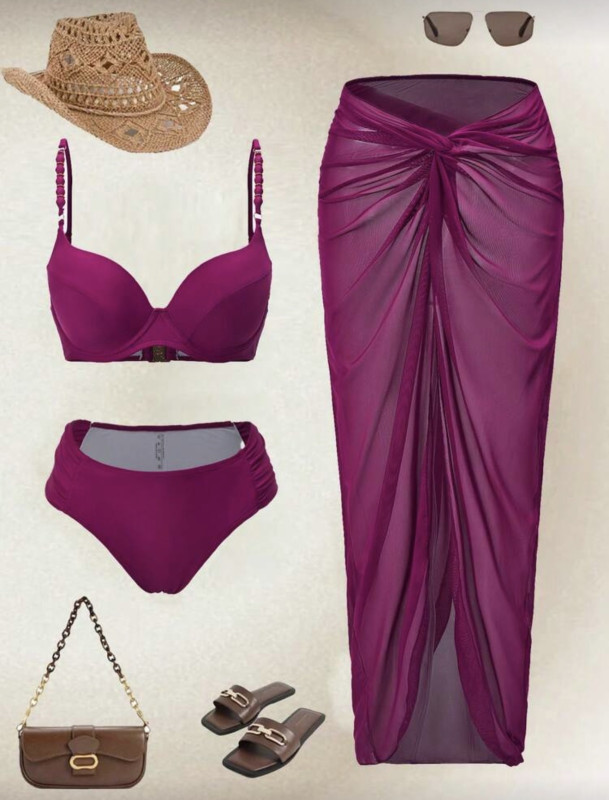 26ss Summer Elegant Women's Purple Red Romantic Underwire Gather Wrap Bikini 3 Pieces Set Skirt Swimsuit Set Modest 2 Piece Swimsuit Skirt Bikini Set Bathing Suit 3 Piece Set 3piece Swimwear
