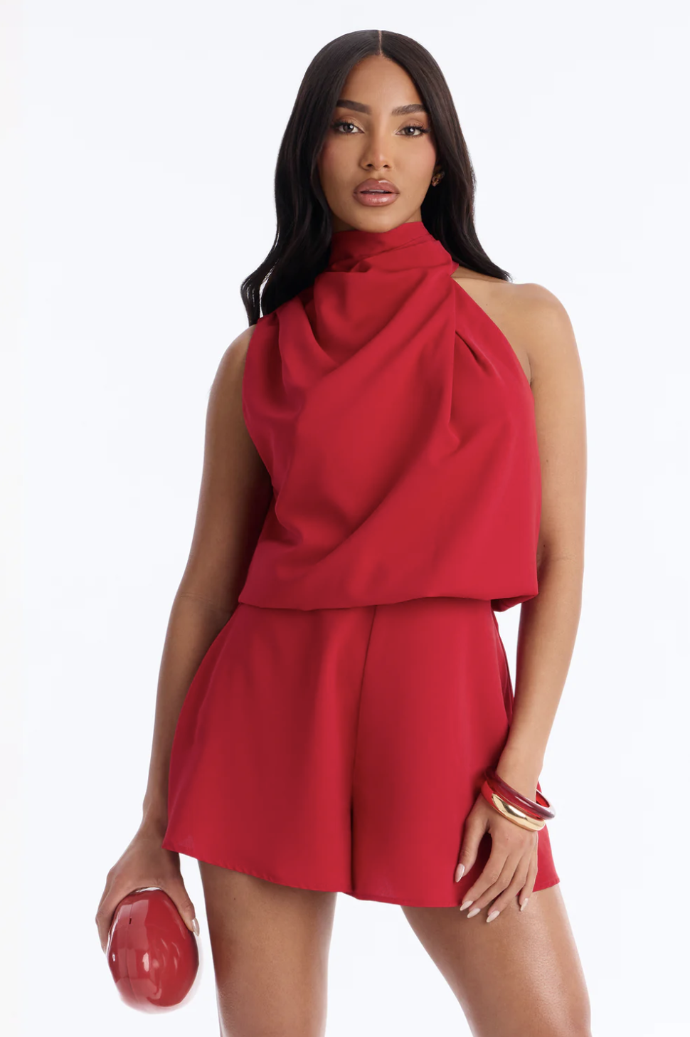 Rina Draped High Neck Romper - Red