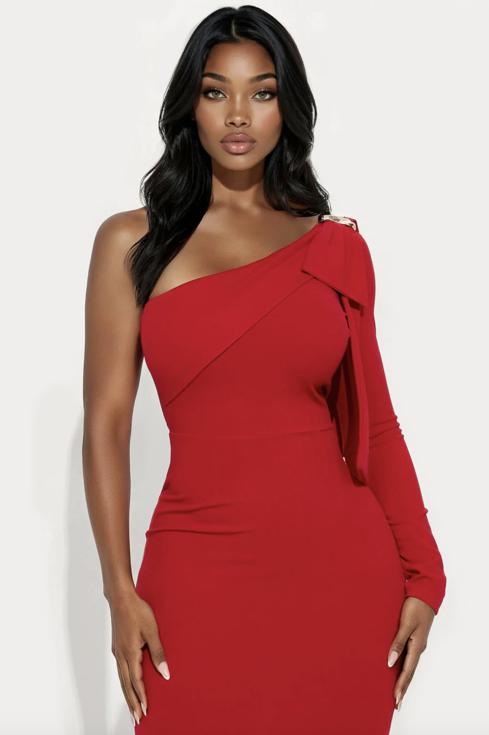 Taya One Shoulder Bow Midi Dress - Red