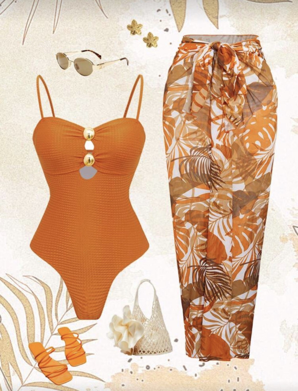 Orange Metal Jewelry One-Piece Swimsuit & skirt