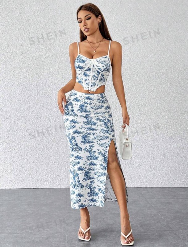 Blue Herringbone Stripe Crop Top And Skirt m