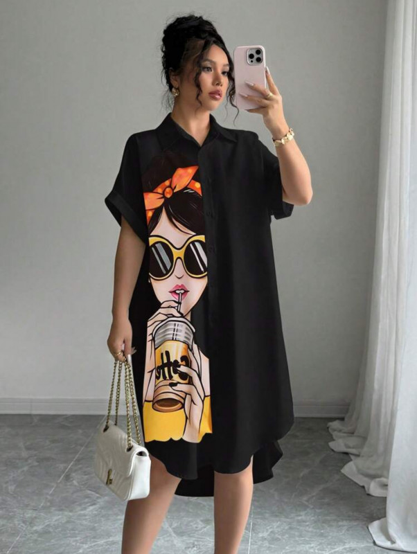 Black Printed Button Front Batwing shirt Dress